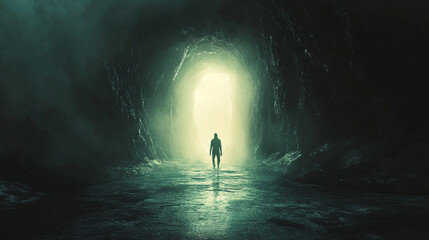 Obraz premium A person stepping through a glowing portal, leaving behind a dark, old world.