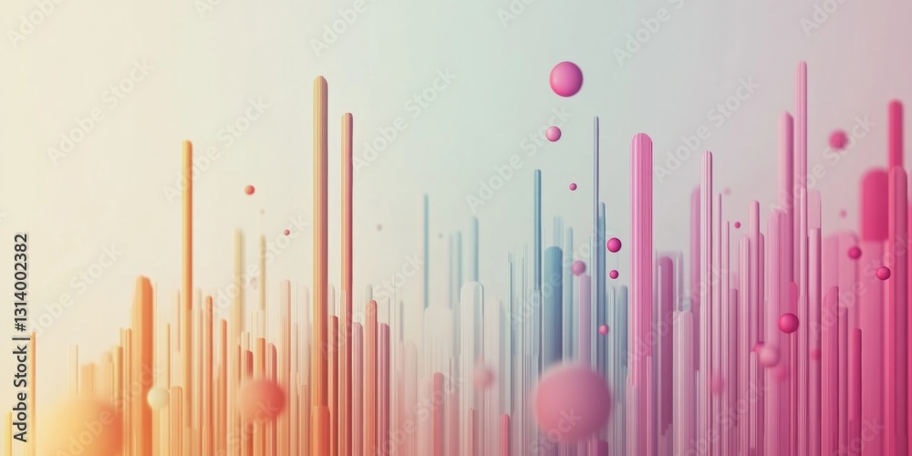 Wall mural colorful abstract digital design featuring vertical lines and spheres against a soft gradient backgr