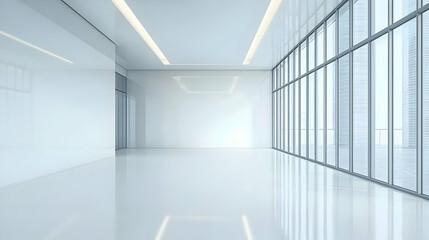 Fototapeta premium Bright White Modern Office Interior With Large Windows And City View In Empty Open Space Design