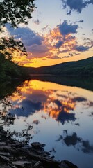 Fototapeta premium Serene Sunset Reflection Over Calm Water Surrounded by Green Hills