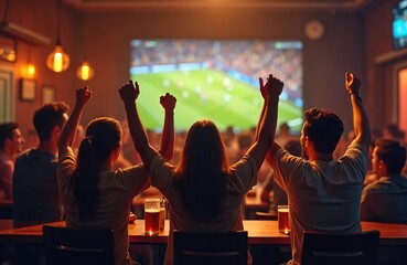 Rear view of friends drinking beer, watching football on TV screen at bar. People watch match in a sports pub celebrate goal. Fans cheer with joy. Championship excitement.
