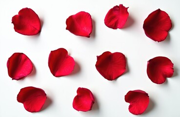 Fototapeta premium Elegant rose petal collection isolated on plain white. Valentine day floral theme backdrop. Red flower petals scattered romantic design. Real fresh macro petals. Love, wedding celebration background.