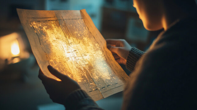 A person holding an old map that suddenly transforms into a futuristic hologram.