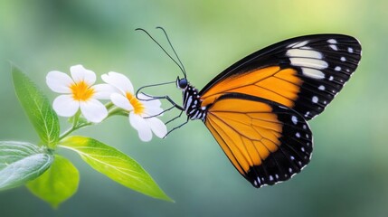 Obraz premium A stunning macro shot of a butterfly landing on a flower, delicate and vibrant, natureâ€™s beauty