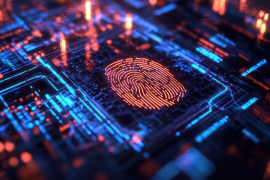 A conceptual digital art piece featuring a high-resolution fingerprint scanner with encrypted codes and security firewalls