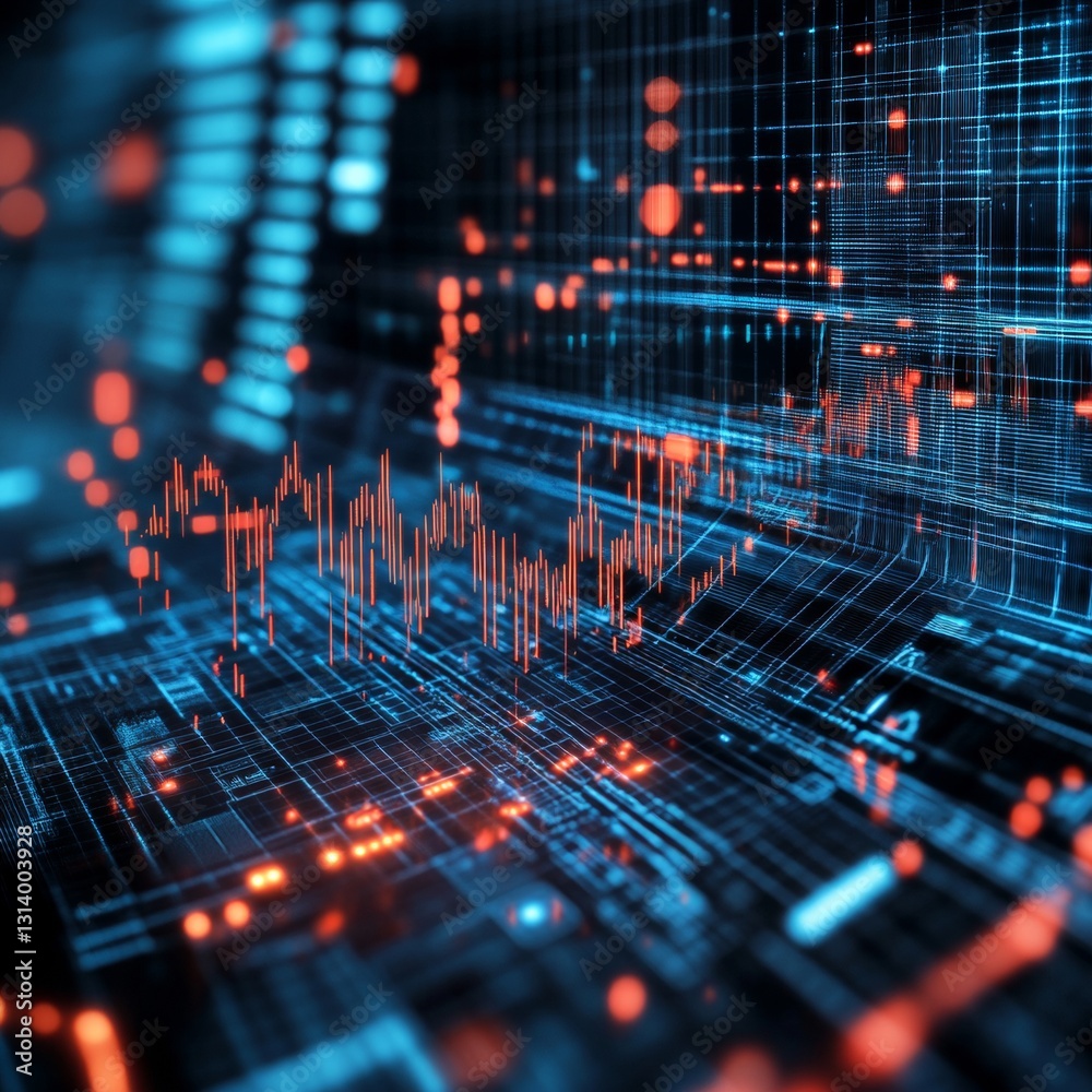 Poster abstract digital data visualization with glowing lines and network connections in blue and red