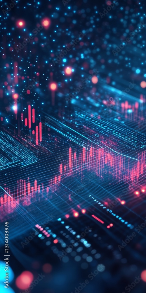 Poster abstract data visualization with dynamic red and blue lights in a digital network environment