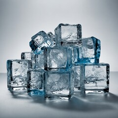 "High-resolution image of a transparent glass filled with crystal-clear water and ice cubes, set against a pure white background. The ice cubes appear fresh and slightly melting, with light reflection