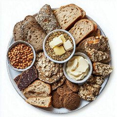 A round platter filled with various types of bread, butter, oats, seeds, and jam, offering a wholesome and rustic breakfast spread.