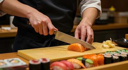 Obraz premium Sushi Chef Slicing Fresh Salmon for Traditional Japanese Cuisine