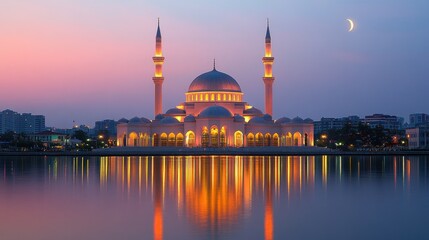 Obraz premium Mosque at dawn, reflected in calm water