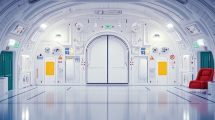Obraz premium Futuristic spaceship interior, white panels, large doors