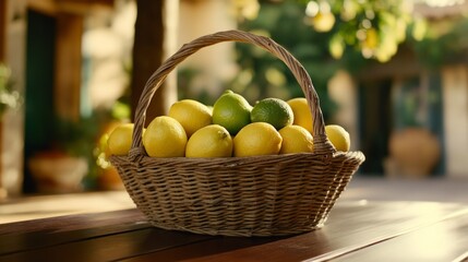 Wicker basket filled with lemons and limes, sitting on a patio table