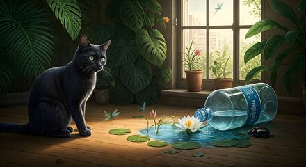 A curious cat gazes at a tiny aquarium in a glass jar. Concept of domesticated nature and curiosity. Amazing digital illustration. CG Artwork Background
