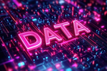 A conceptual digital design featuring neon "DATA" text with cybernetic circuit lines, signifying the importance of information in the digital age.