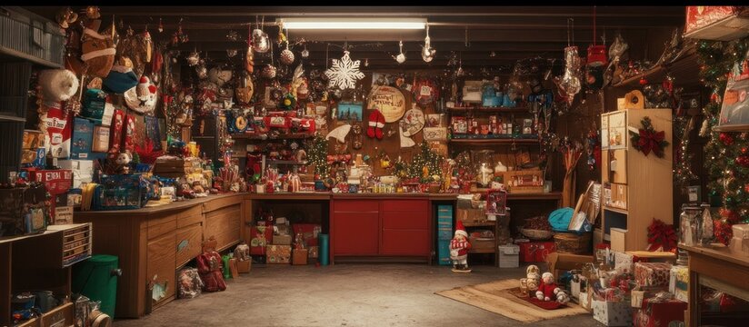 A cluttered basement workshop decorated with Christmas ornaments and toys with two small elf figures in the foreground.