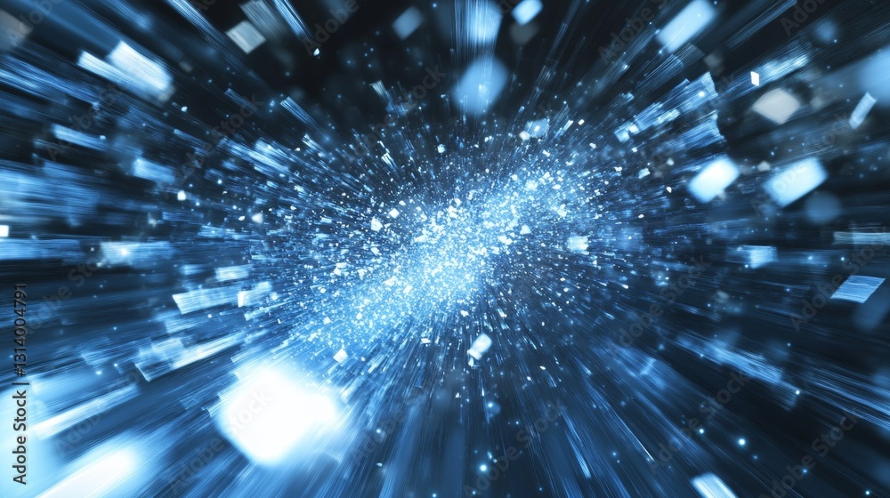 Poster dynamic abstract background of glowing blue particles in motion creating a cosmic burst effect