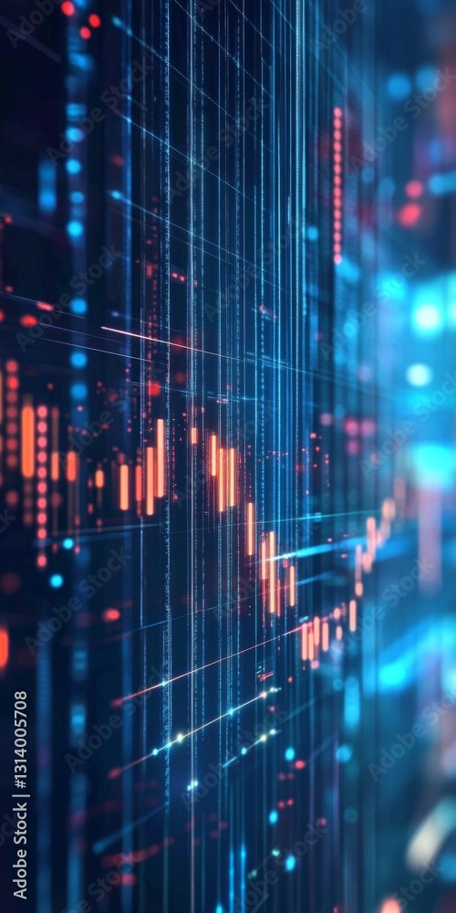 Poster abstract data visualization with glowing lines and graphical representation of trends and statistics