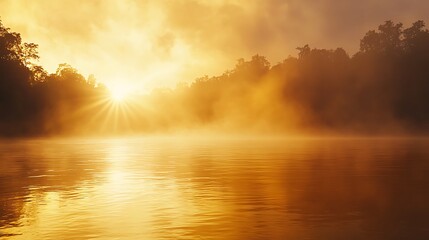 Golden sunrise over misty river reflecting sunlight, trees on the banks.
