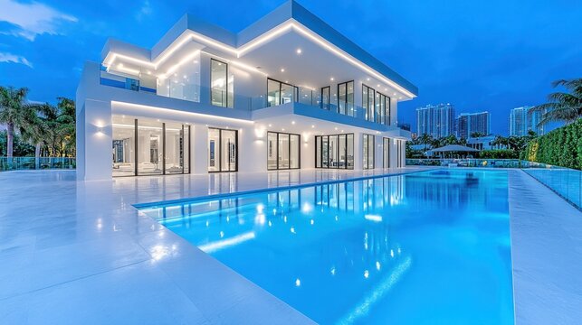 Luxury Waterfront Mansion: Modern Architectural Masterpiece at Dusk