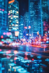 Fototapeta premium Colorful Nighttime Urban Scene with Skyscrapers and Blurred Traffic Lights in City Center