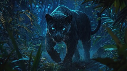 Majestic black panther prowling through a mystical, bioluminescent jungle at night.