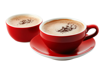 red cups of coffee with cocoa powder on white background