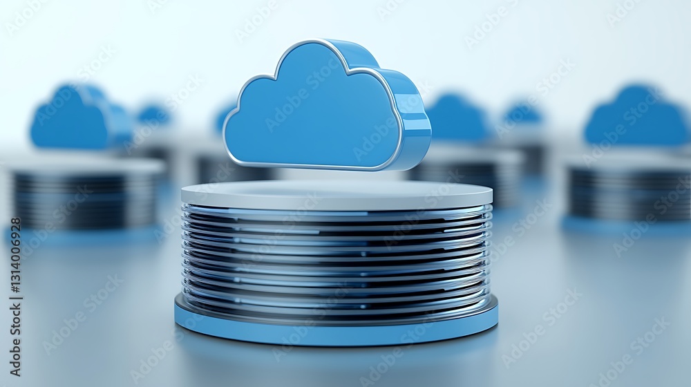 Poster 3d cloud icon over stack of discs representing digital storage and cloud computing technology concep