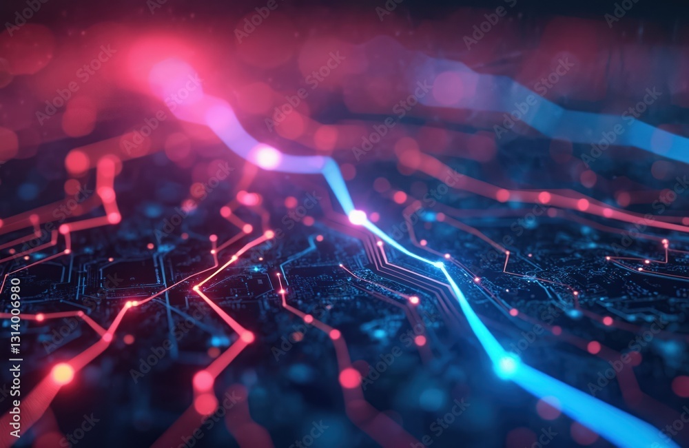 Poster Abstract tech background. Glowing lines, nodes symbolize digital network. Futuristic communication, cyberspace concept. Computer electronic circuit, intricate graphic design. Innovation, AI progress,