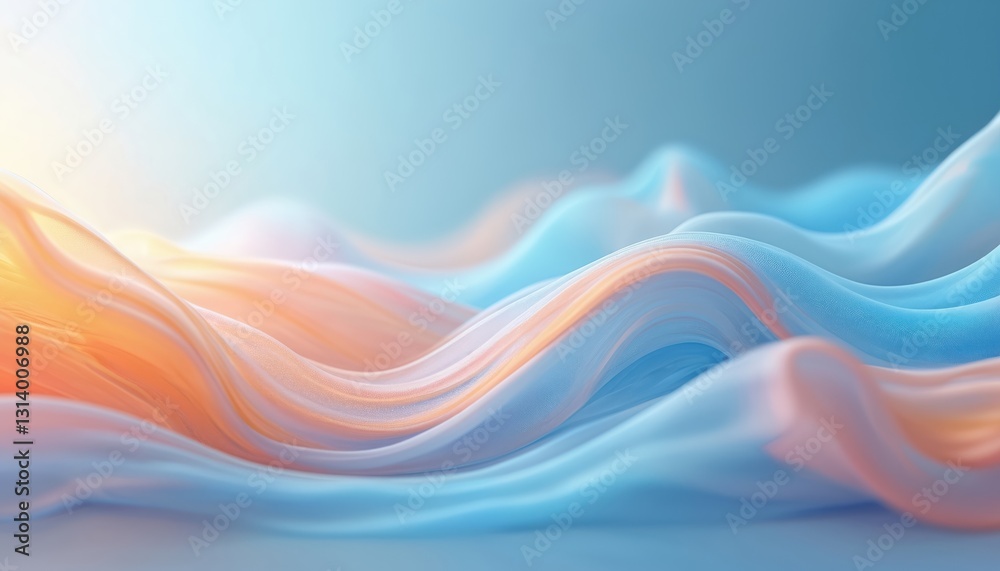 Poster abstract digital art with fluid, wavy shapes. blue and orange hues blend in smooth curves. light and