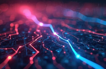 Abstract tech background. Glowing lines, nodes symbolize digital network. Futuristic communication, cyberspace concept. Computer electronic circuit, intricate graphic design. Innovation, AI progress,