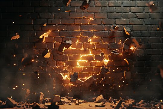 A dramatic scene featuring exploding bricks against a dark wall, illuminated by glowing firelight, creating an explosive atmosphere filled with intensity and energy.