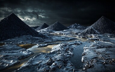 A surreal landscape where mountains are made of coal and rivers are filled with oil, under a dark sky.