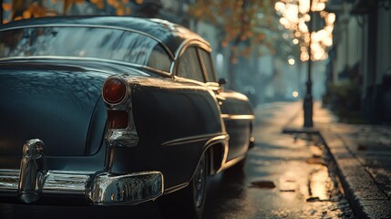 Classic car parked on a rain-slicked city street at dusk.