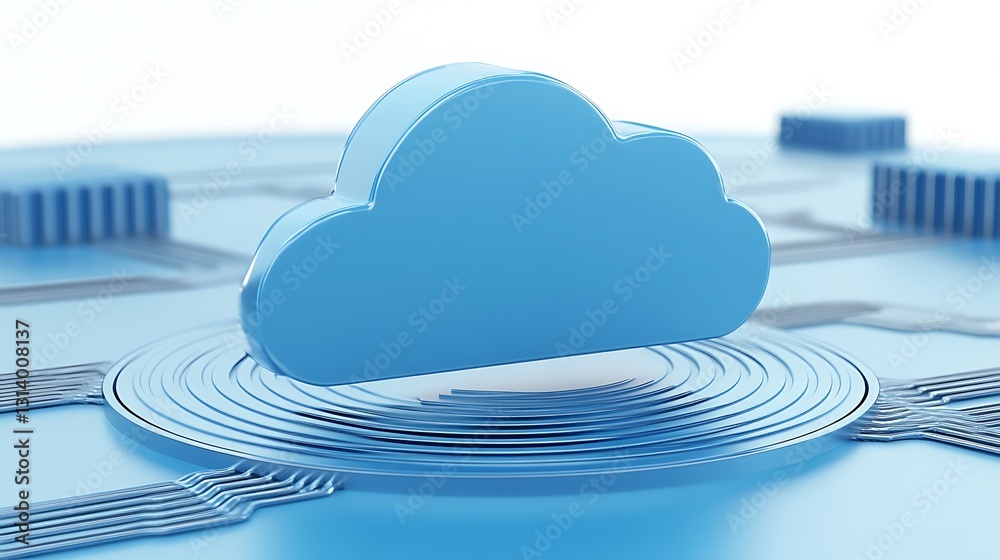 Poster 3d render of blue cloud icon on digital circuit background with abstract tech elements and cloud com