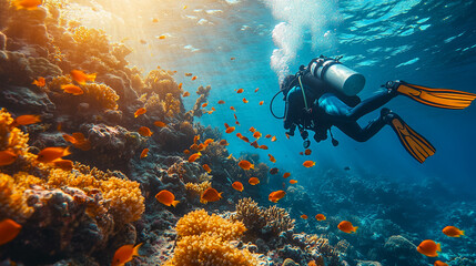 Underwater shot of a scuba diver exploring a coral reef on a sunny summer day. Colorful fish and coral are visible in the clear turquoise water.