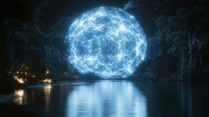 Mystical, glowing orb over tranquil lake
