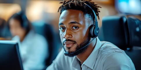 Fototapeta premium Focused Individual Wearing Headphones While Working at a Computer Station