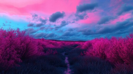 Vibrant Pink and Blue Landscape with Dramatic Cloudy Sky