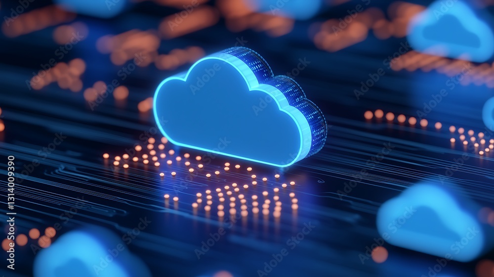 Poster abstract cloud computing visualization with neon clouds and data connections on a digital background