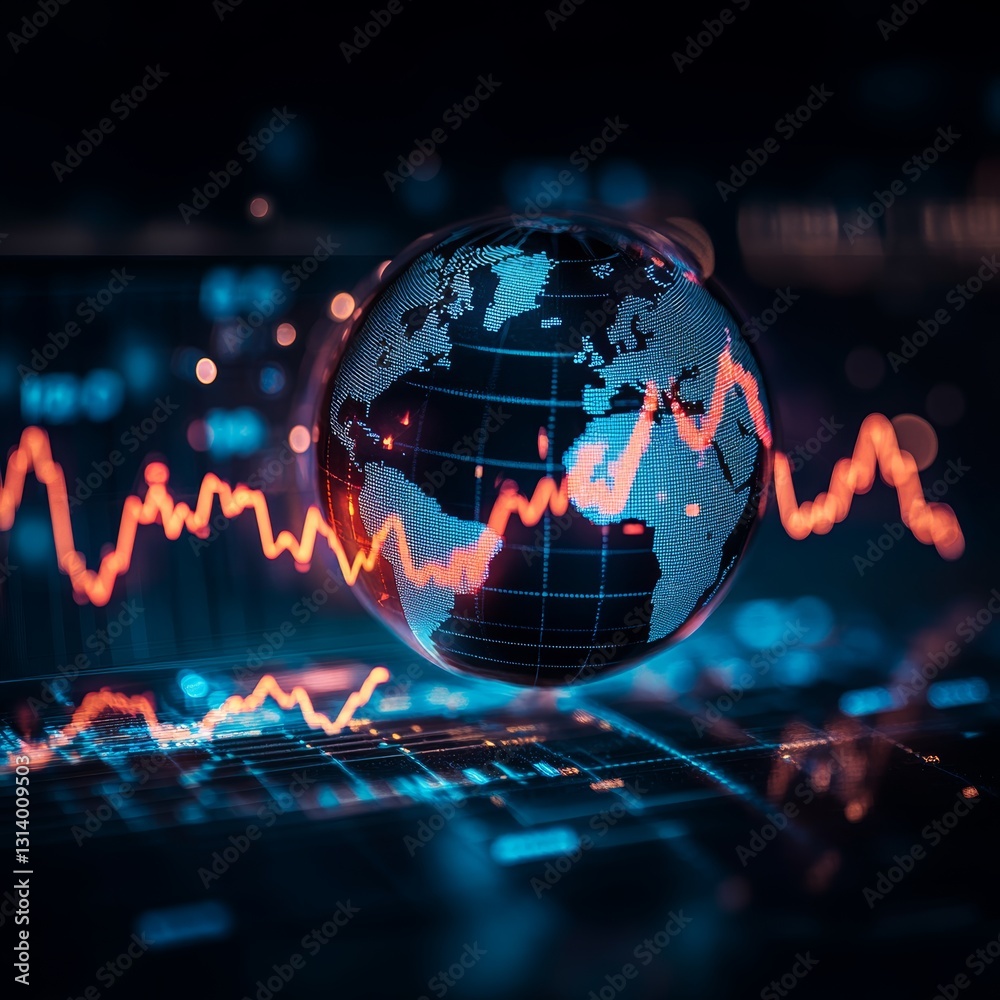 Poster a globe is surrounded by a series of lines and numbers. the globe is the center of the image and the