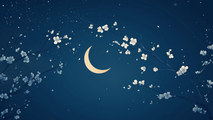 Fototapeta premium Dreamy Night Sky with Crescent Moon and Blossoms