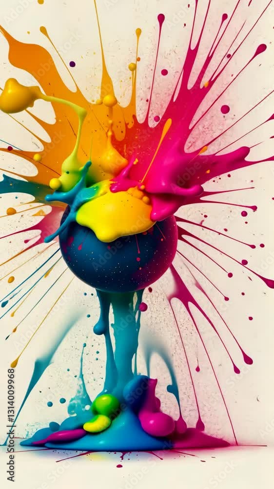 Poster a colorful ball with a blue and red stripe. the ball is surrounded by a splash of paint