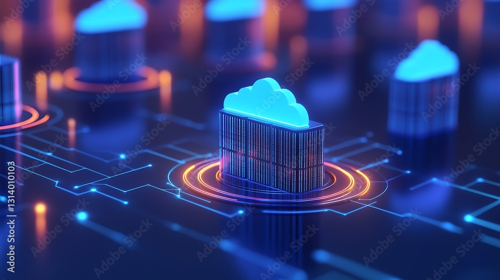 Poster abstract digital cloud concept with glowing data center elements on circuit board background