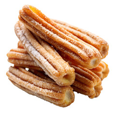 Churros fried dough with sugar and cinnamon on white background