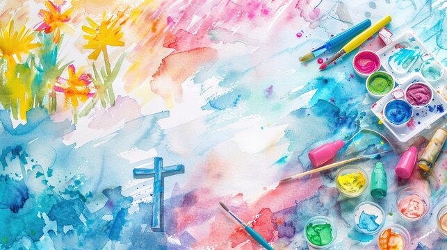 Bright and cheerful watercolor painting of a Sunday school craft day with children creating cute Christian crafts