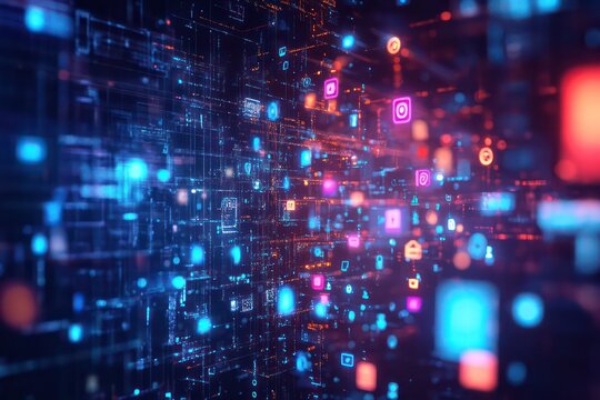 A conceptual digital world where floating hashtags, social media notifications, and AI-powered insights merge in an abstract background