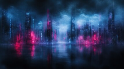 Fototapeta premium Cyberpunk Cityscape: Neon Reflections on a Misty Night