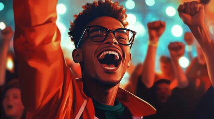 Young man cheering at a sports game, surrounded by excited fans