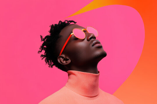 Stylish model wearing pink sunglasses and turtleneck on vibrant background